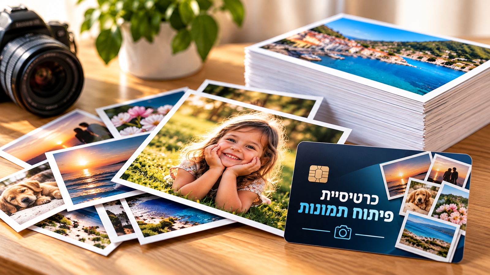 כרטיסיות פיתוח תמונות מודפסות עם תמונות משפחתיות, ילדה מחייכת, נופים ומצלמה על שולחן עץ