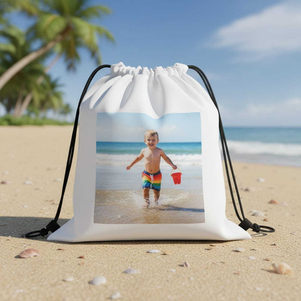 תיק שרוכים בצבע לבן עם הדפסה אישית על התיק.