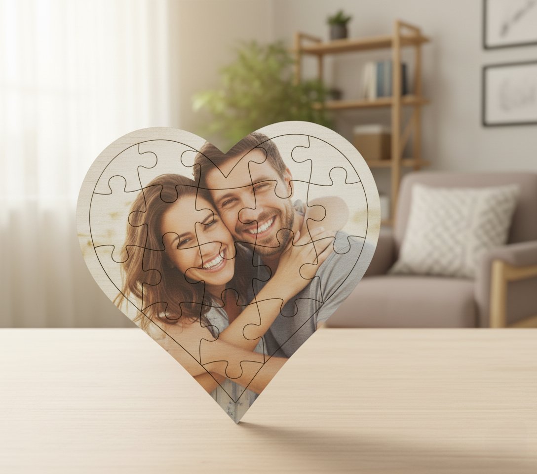 פאזל עץ פאזל עץ בצורת לב עם הדפסה אישית של תמונת זוג מחובק, מונח על שולחן – מתנות בעיצוב אישי בהראל צלמים קרית אתא
