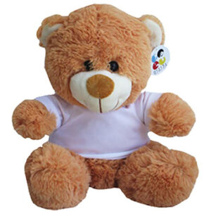 בובת פרווה בדמות דוב חום עם חולצה לבנה עם אפשרות להדפסה אישית על החולצה