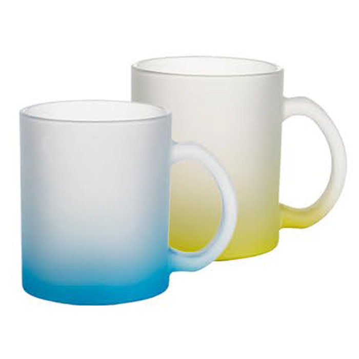 ספל מזכוכית חלבית עם אפשרות להדפסה אישית . תחתית בצבע כחול או צהוב