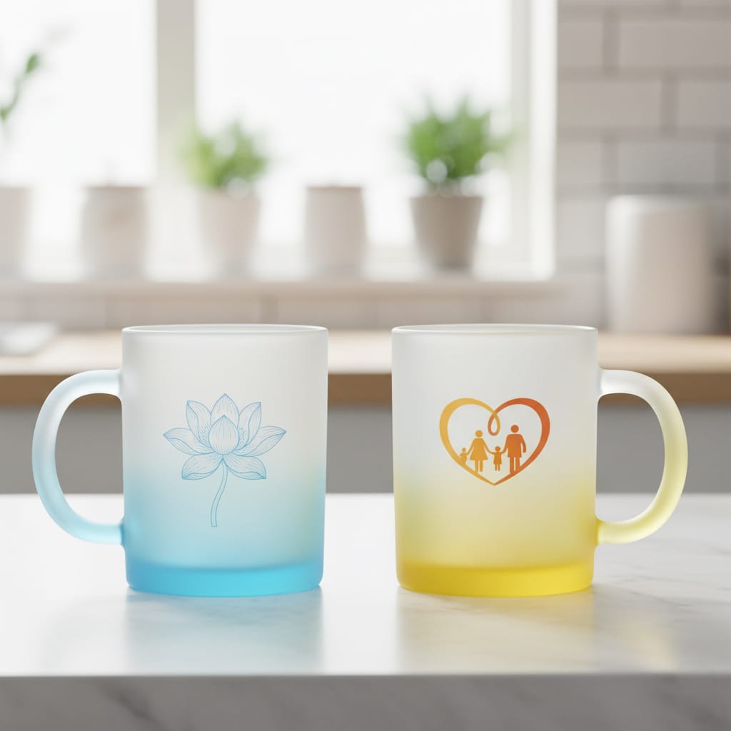 ספל עשוי מזכוכית חלבית עם תחתית בצבע כחול או צהוב עם הדפסה אישית על הספל