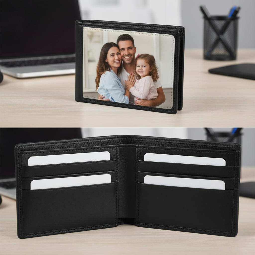 ארנק שחור עשוי דמוי עור עם הדפסה בצד אחד של הארנק בתוך הארנק יש חריצים לכרטיסים ומקום לשטרות