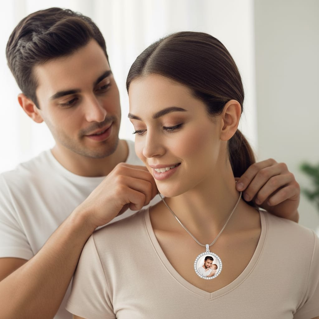 שרשרת גבר עונד לאישה שרשרת עם תליון עגול, הכולל מסגרת משובצת אבנים מנצנצות והדפסה אישית של תמונת אבא ותינוק – מתנות בעיצוב אישי בהראל צלמים בקריות