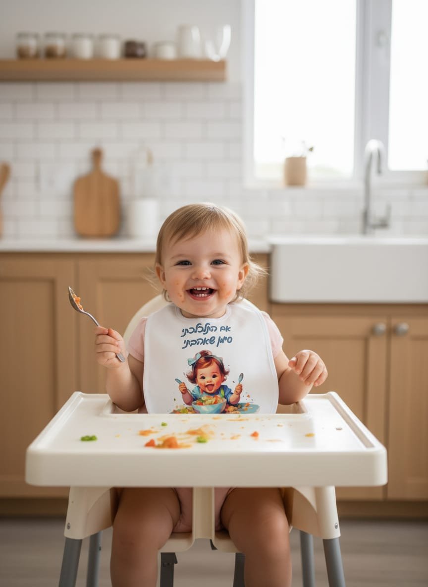 סינר לתינוק תינוק מחייך יושב על כיסא אוכל ועונד סינר לבן עם הדפסה אישית של איור וכיתוב, על רקע מטבח ביתי – מתנות בעיצוב אישי בהראל צלמים בקריות