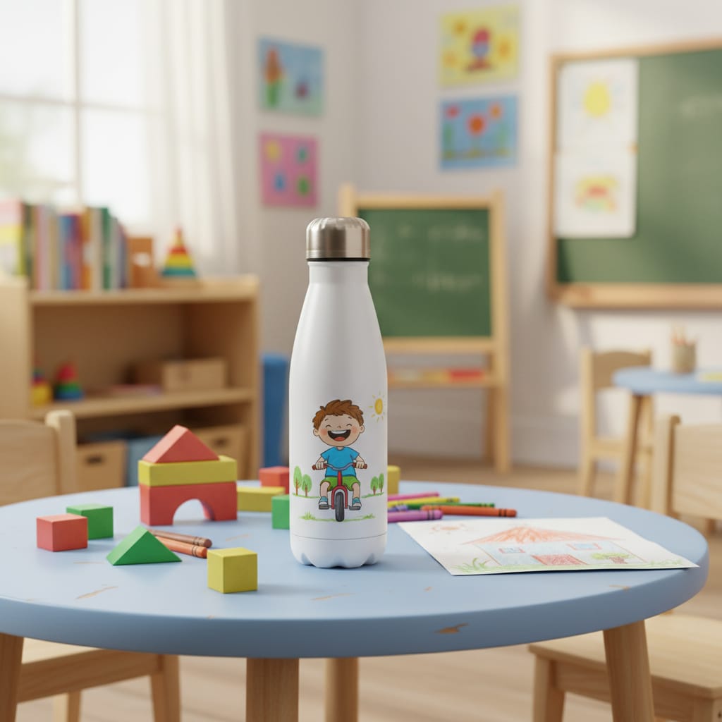 בקבוק טרמי בצורת פין באולינג עם הדפסה אישית מונח על שולחן בגן ילדים