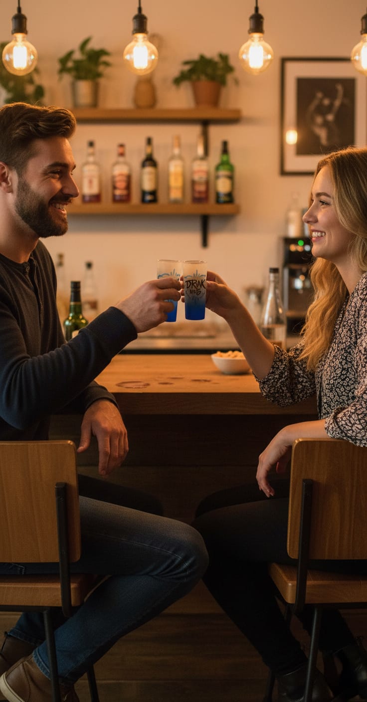 זוג אוחז בכוסות שוט עם הדפסה אישית. יושבים בבר ביתי