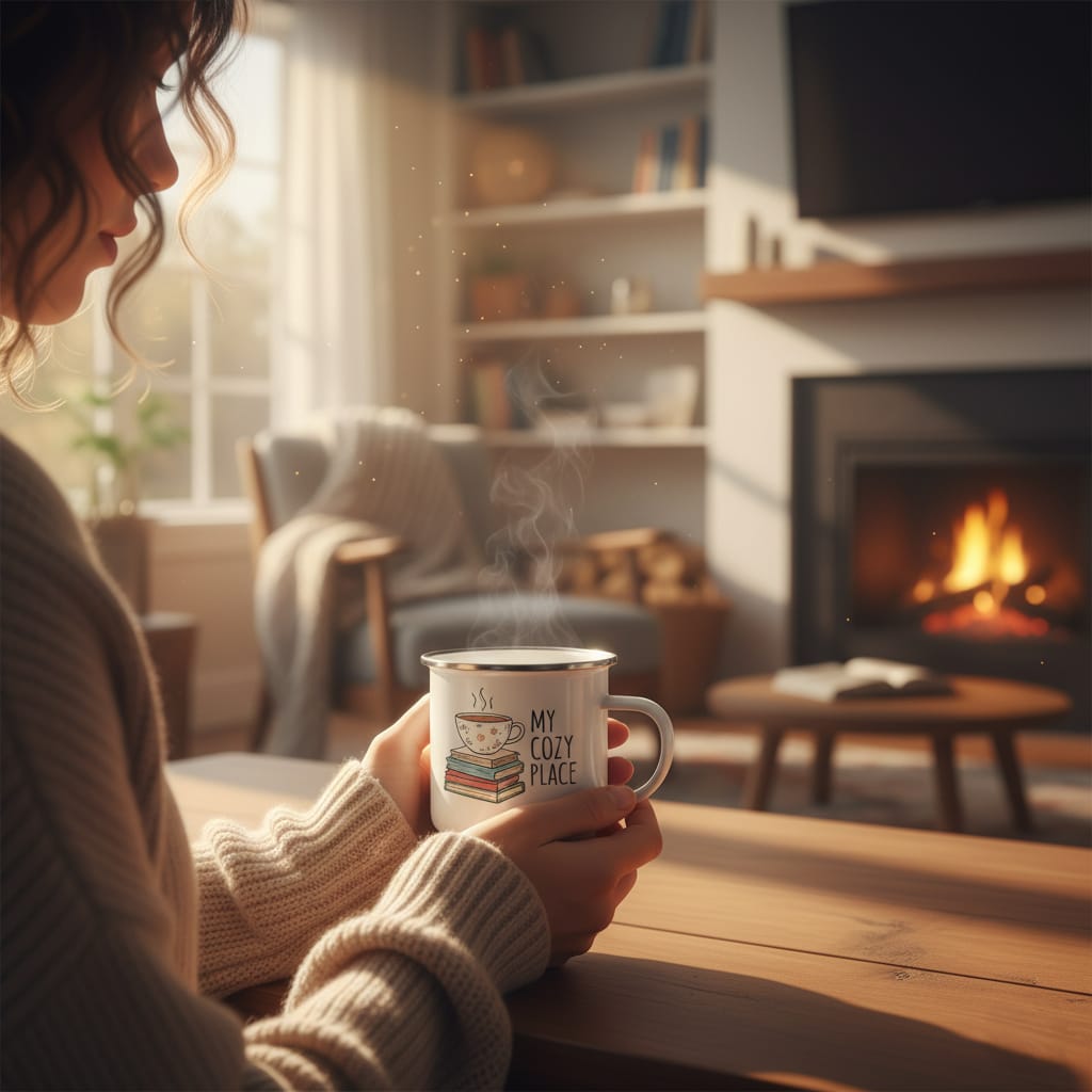 אישה אוחזת בספל אמייל עם הדפסה אישית