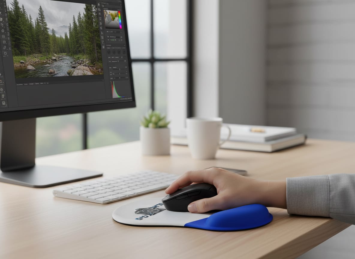 פד ג'ל לעכבר בצבע כחול בתחתית המשטח והדפסה אישית בחלק העליון של המשטח על שולחן עבודה עם מחשב ומקלדת.