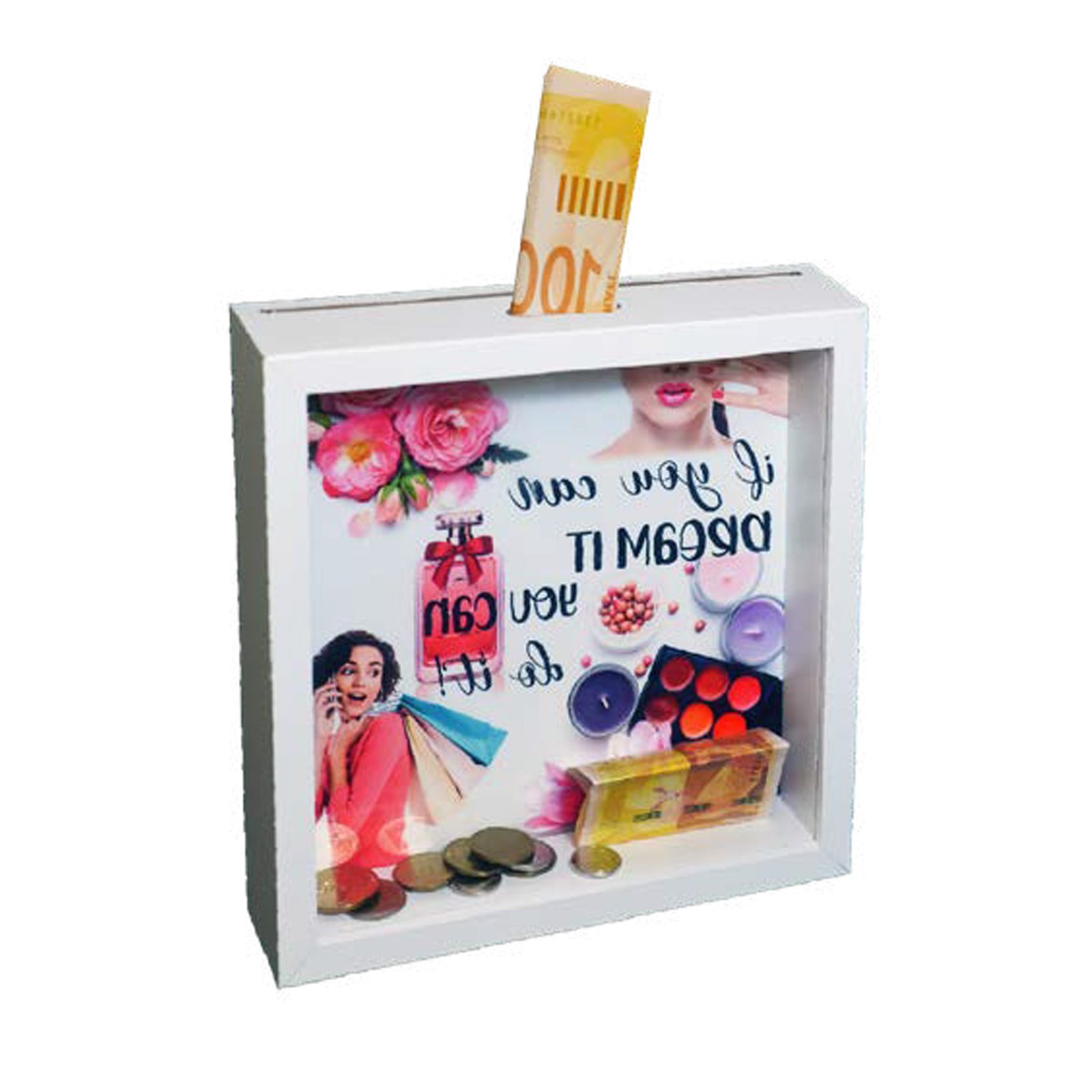 קופת החלומות2 קופת חיסכון מרובעת מעץ בצבע לבן עם חזית שקופה, הכוללת הדפסה אישית של איורי טיפוח, פרחים והכיתוב "If you can dream it you can do it", עם שטר ומטבעות – מתנות בעיצוב אישי בהראל צלמים בקריות