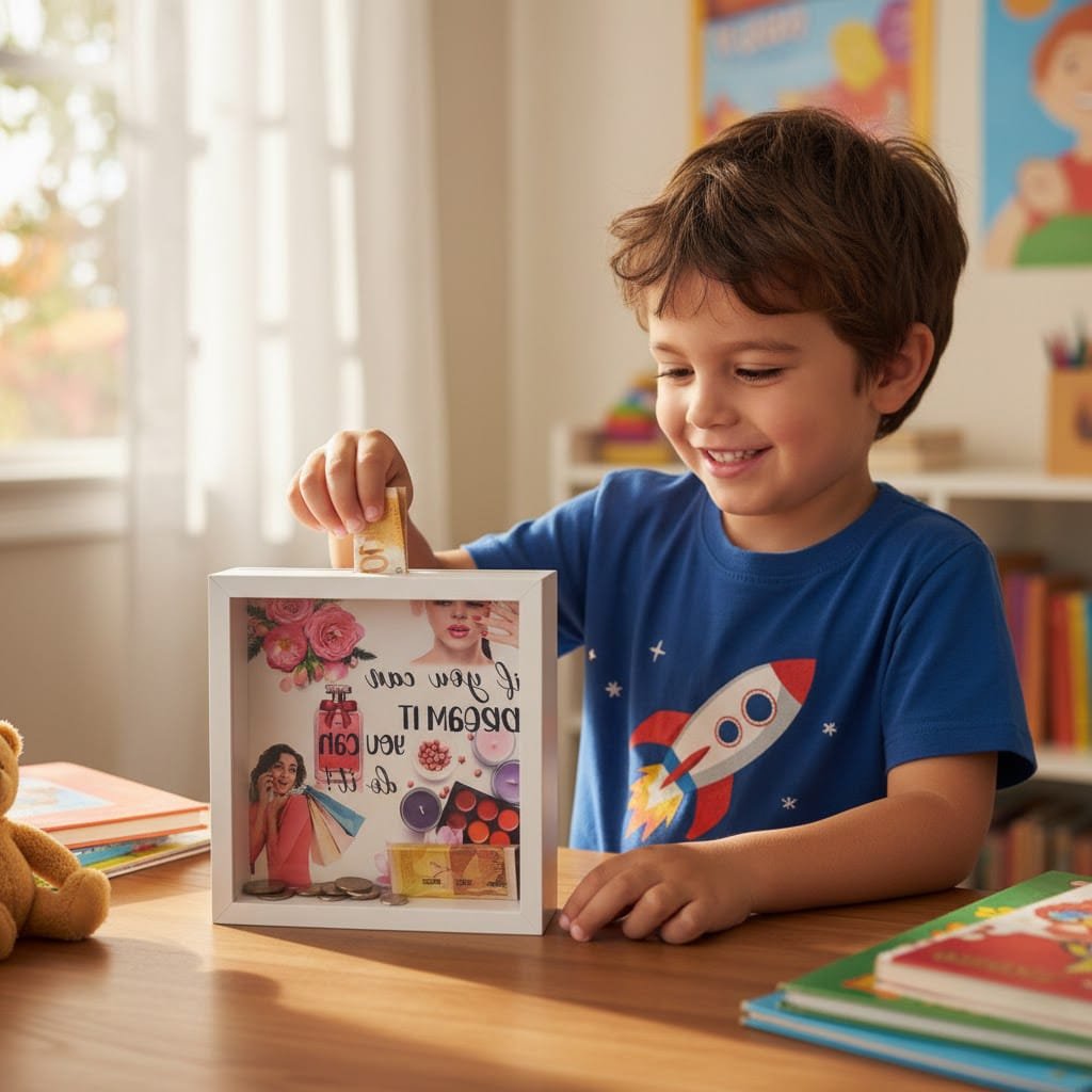 קופת החלומות3 ילד מחייך מכניס שטר כסף לקופת חיסכון מעץ עם חזית שקופה והדפסה אישית צבעונית, מונחת על שולחן עץ בחדר ילדים – מתנות בעיצוב אישי בהראל צלמים קרית אתא