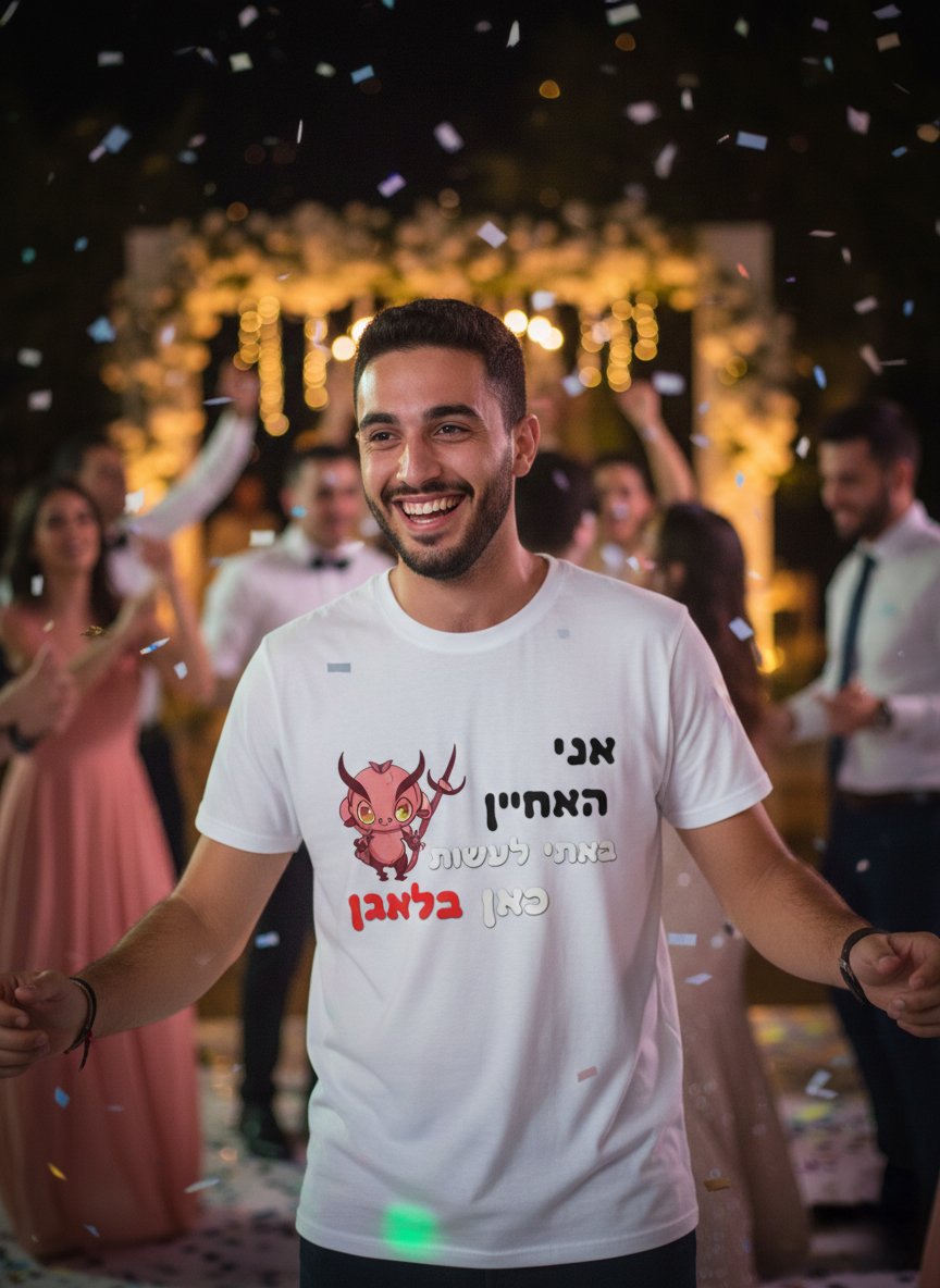 גבר צעיר ומחויך רוקד ברחבת ריקודים באירוע חתונה תחת קונפטי צבעוני, לובש חולצת טריקו לבנה עם הדפסה אישית הכוללת איור של שדון אדום והכיתוב 'אני האחיין באתי לעשות כאן בלאגן'. התמונה ממחישה את שירותי צילום האירועים והדפסת חולצות הגימיק של הראל צלמים בקריית אתא.