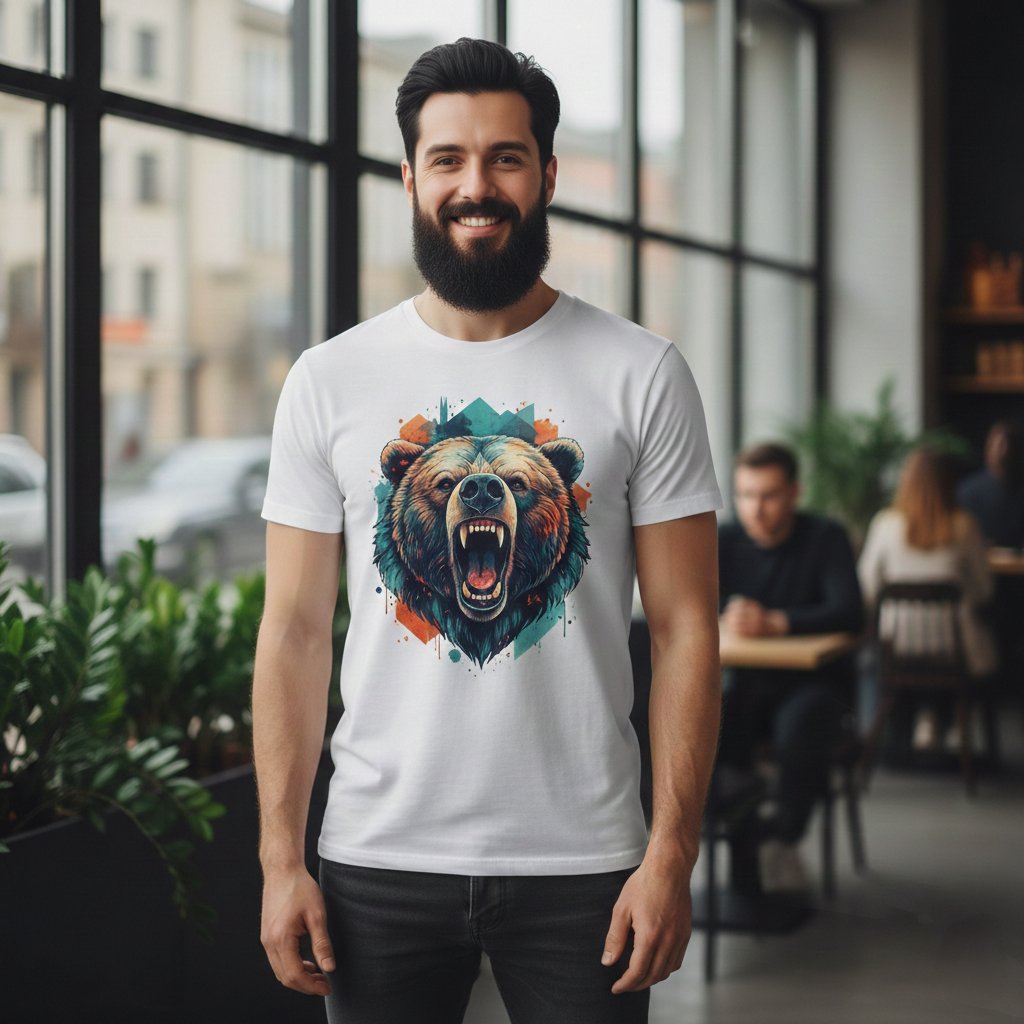 חולצה t shirt לבנה גבר מחייך בתוך בית קפה מודרני, לובש חולצת טריקו לבנה עם הדפס איכותי וססגוני של ראש דוב בעיצוב גיאומטרי. הדוגמה ממחישה את שירותי ההדפסה האישית על בגדים של הראל צלמים, חנות צילום וסטודיו מקצועי ברחוב העצמאות 10, קריית אתא.