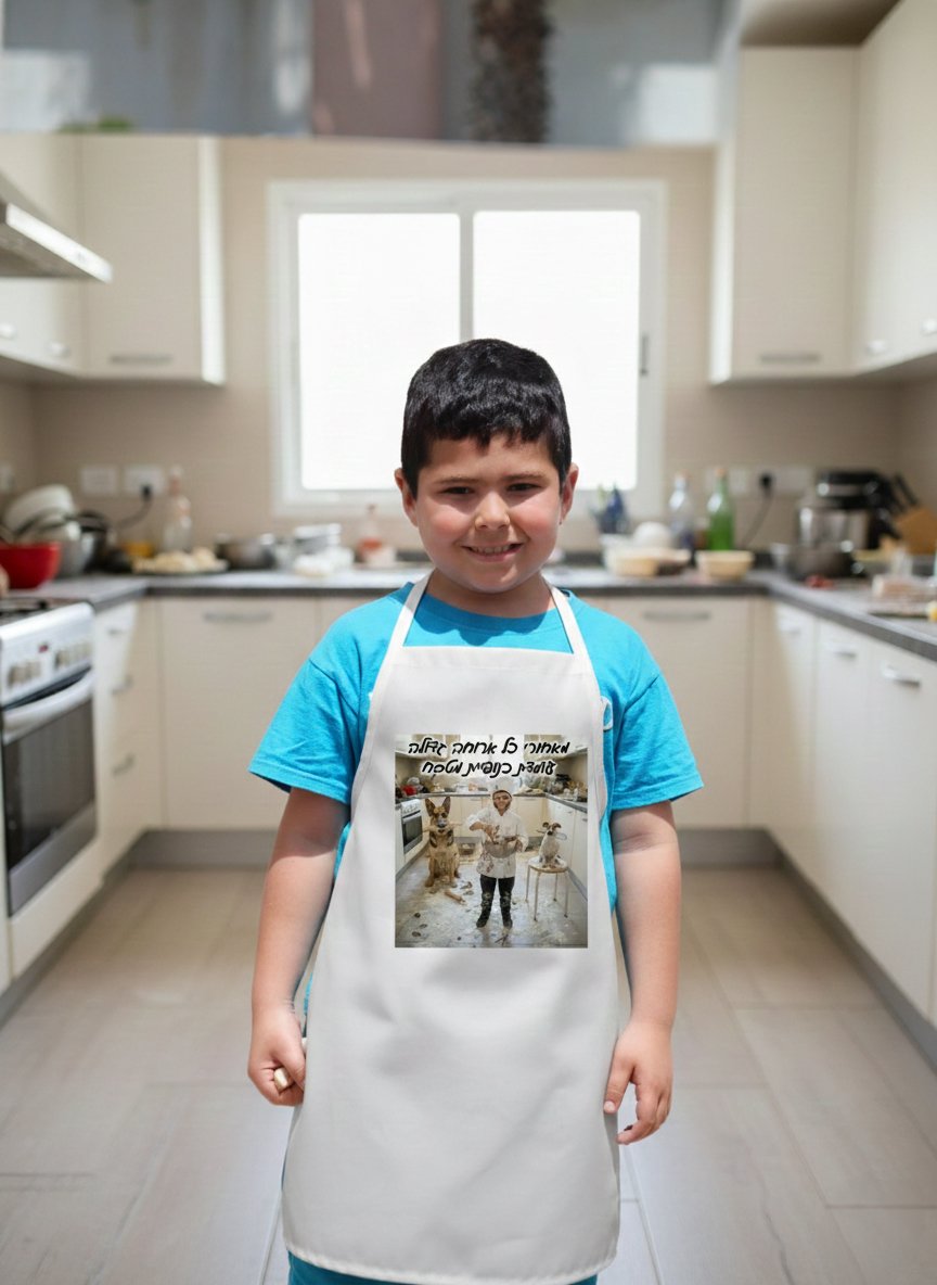 סינר מטבח לבן ילד בחולצה כחולה לובש סינר לבן במטבח ביתי, על הסינר מודפסת תמונה אישית של הילד יחד עם שני כלבים בתוך מטבח, בצירוף הכיתוב המשעשע: "מאחורי כל ארוחה גדולה עומדת כנופיית מטבח" – דוגמה להדפסה אישית יצירתית על סינרים בהראל צלמים קרית אתא.