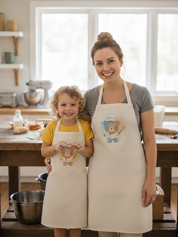 סינר קנבס איכותי עם מכפלת אמא וילד מחייכים במטבח ביתי חמים, לובשים סינרי קנבס תואמים בגוון קרם ללא כיסים. על הסינרים מופיע הדפס גרפי חמוד וצבעוני ללא כיתוב, המדגים את האפשרות להדפסה אישית על סינרים למבוגרים וילדים – הראל צלמים קרית אתא.