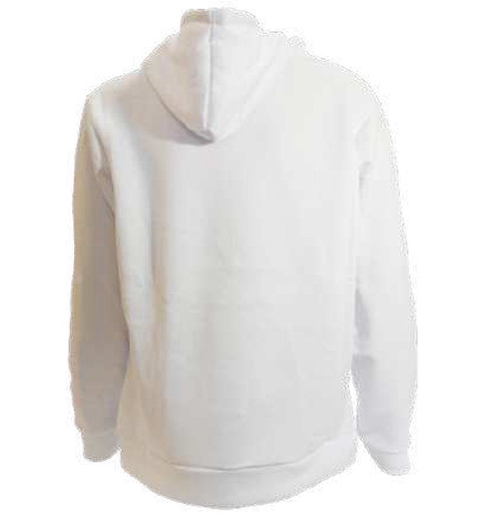 קפוצ'ון (hoodie) לבן קפוצ'ון (Hoodie) לבן איכותי במבט מאחור, המציג את הכובע וגזרת הגב הנקייה, מוכן להדפסה אישית של לוגו או כיתוב – הראל צלמים קרית אתא.