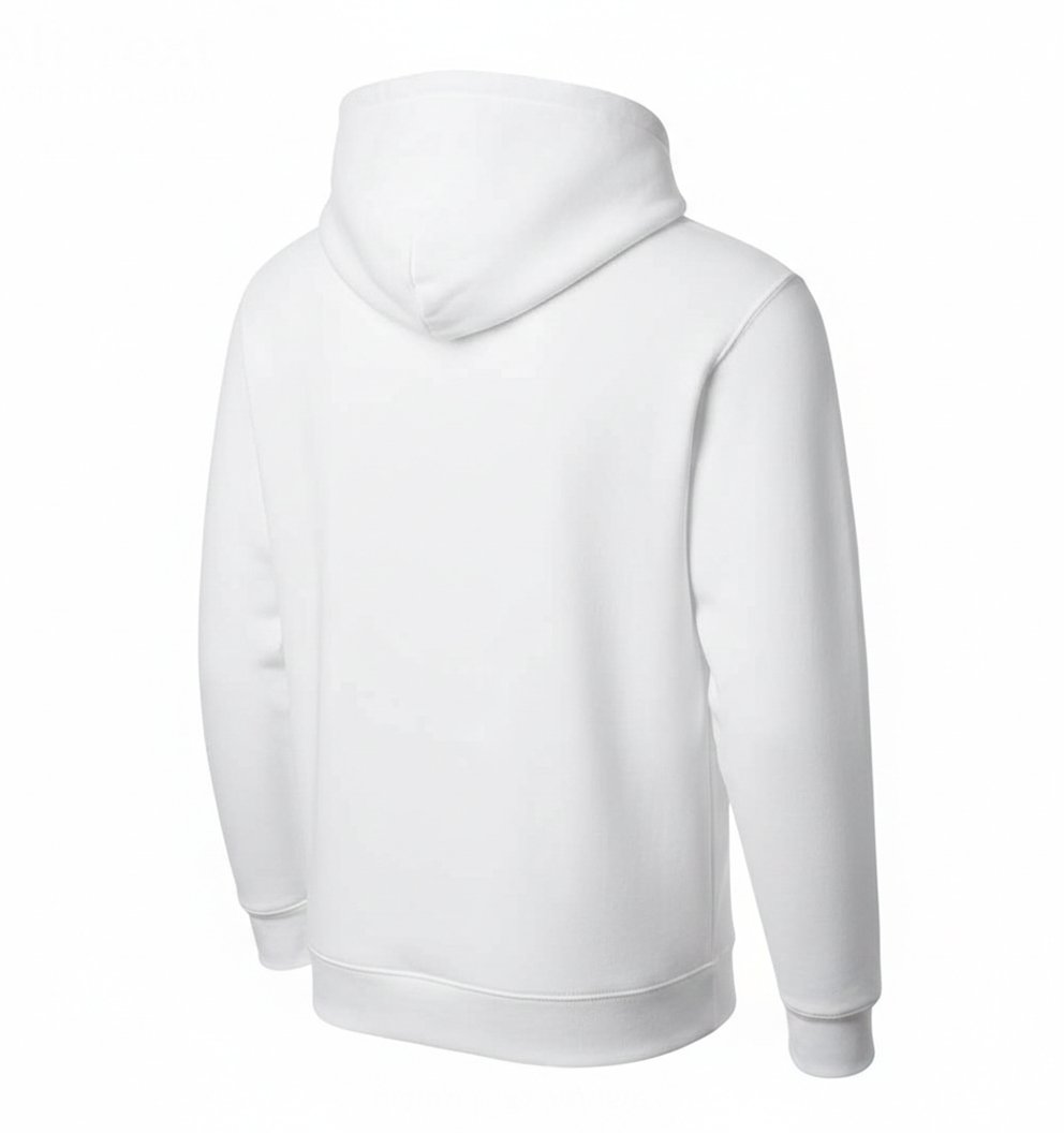 קפוצ'ון (hoodie) לבן קפוצ'ון (Hoodie) לבן איכותי במבט מאחור, המציג את הכובע (Hood) וגזרת הגב הנקייה, מוכן להדפסה אישית של לוגו, תמונה או כיתוב – הראל צלמים קרית אתא.