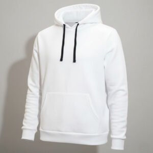 קפוצ'ון (Hoodie) לבן איכותי עם כיס קדמי וכובע, מוצג במראה נקי ומקצועי על רקע אפור נייטרלי, מוכן להדפסה אישית של תמונות או כיתובים – הראל צלמים קרית אתא.